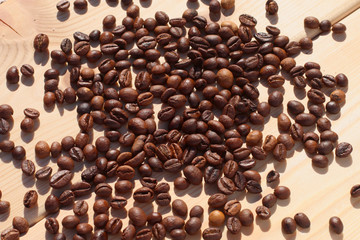  Coffee beans on the board in the form of heart