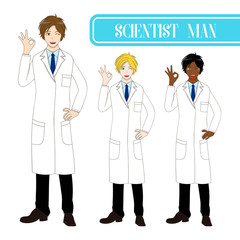 Set Handsome Scientist Man Showing OK Hand Sign. Medical Staff Male. Full Body Vector Illustration. isolated on White Background