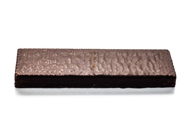 Chocolate wafer isolated on white background, sweet snack in dark cocoa glaze