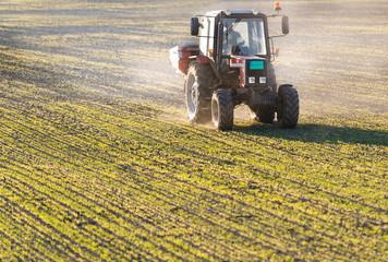 Tractor spreading artificial fertilizers