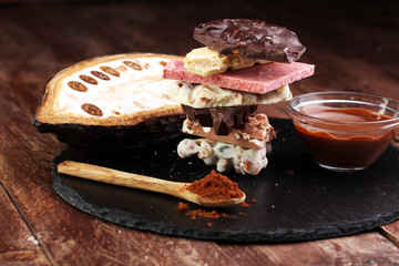 Melting chocolate and diffrent bars - stack and chips with chocolate swirl/ powder and cocoa pod with melted chocolate
