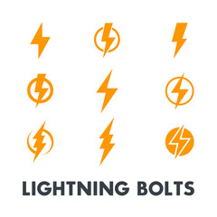 Lightning bolt vector signs, icons isolated over white - obrazy, fototapety, plakaty