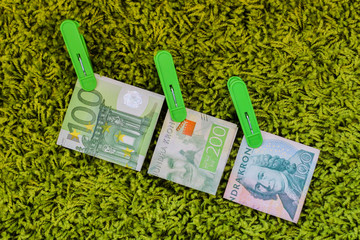 Three green banknotes 100 euro 100 swedish crownes and 200 swedish crownes in green clothes pegs at a green background