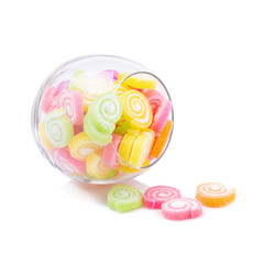 Jelly sweet flavor fruit candy dessert colorful in glass jars on white background.