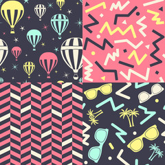 Fototapeta na wymiar Set of Travel Patterns. Collection of 4 holiday themed retro seamless patterns