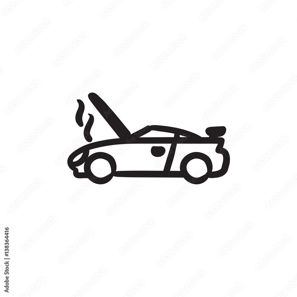 Poster broken car with open hood sketch icon.