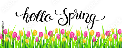 "Hello spring banner with handwritten calligraphy ...