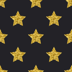 Vector gold glitter stars seamless pattern black background