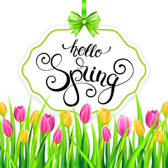 Spring card with paper frame, handwritten calligraphy lettering and colorfull tulips. Vector illustration.