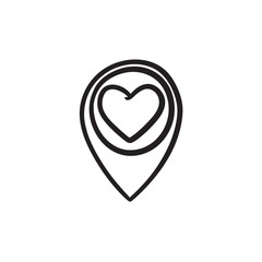 Map pointer with heart sketch icon.
