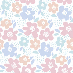 tender color floral vector illustration in retro 60s style. abstract hand drawn flowers seamless pattern for fabric, wrapping paper, baby projects.