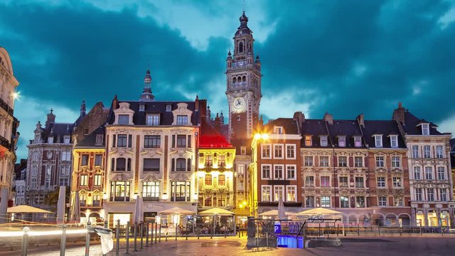 Old buildings on the Grand Place square at the evening, Lille, France   (static image with animated sky)
