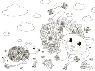 Stylized cat and mouse, flowers  monochrome anti stress vector illustration