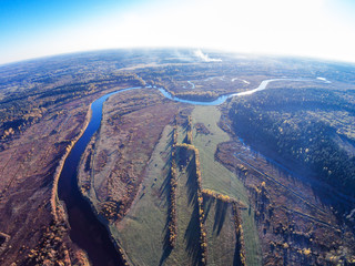 Aerial view of the river Mologa near the village Kuznetsy.