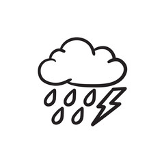 Cloud with rain and lightning bolt sketch icon.
