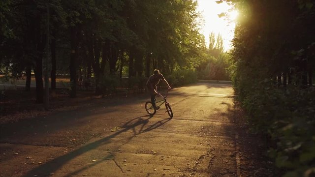 The rider in the park by special BMX bicycle does barspin trick, scrolls a wheel by 360 degrees.