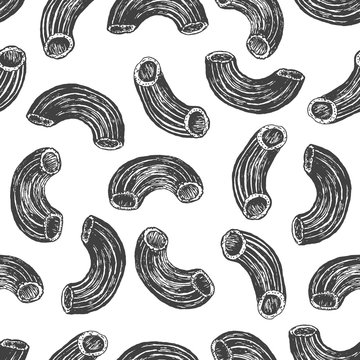 Seamless pattern design or background with pasta ridged elbow. Hand drawn illustration by ink and pen sketch set. Design for pasta products.