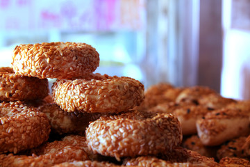 Round small bagels covered with sesame seeds, simit