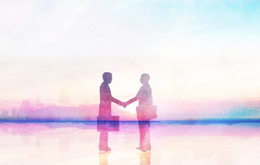 Fototapeta premium Two business man shake hand silhouettes