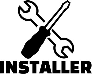 Installer with crossed tools wrench and screwdriver