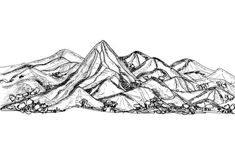 Hand drawn Mountains sketch landscape. Vector Illustration