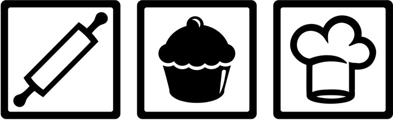 Confectioner icons rolling pin, cupcake and chef's hat