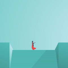 Businesswoman superhero standing on top of stairs pointing in direction. Symbol of business vision, leadership, power.