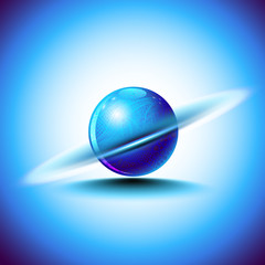 Abstract blue sphere like planet Saturn or rotating nucleus with mandala art. Digital logo.