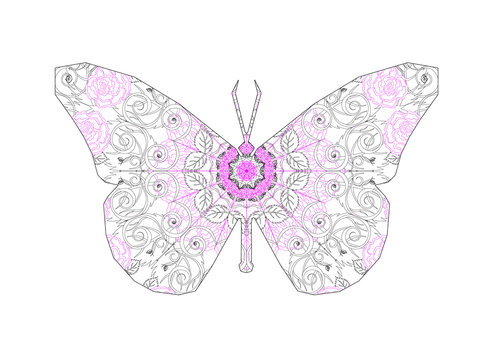 Silhouette of butterfly with circular ornament like spiderweb in violet tones.  Floral mandala art.