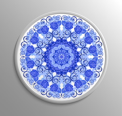 Circular floral lace pattern. Vintage style. Can be used for invitation, menu, card design, for pillow design, banners, signs and others. Blue and white tones.