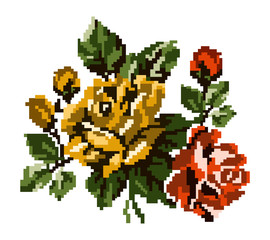 Naklejka na ściany i meble Color bouquet of flowers (roses) in orange, yellow and green tones using traditional Ukrainian embroidery elements. Can be used as pixel-art, card, emblem, icon.