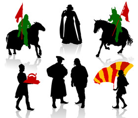 Silhouettes of people in medieval costumes. Knight, warrior, herald, princess. 