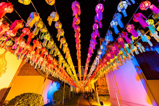 The line of Lantern in Loy krathong festival. Lightened lanterns by the night. Colorful Lamp and lantern in Loi Krathong Wat Phra That Haripunchai ,Lamphun ,Thailand