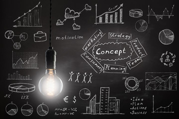 concept - sketch with schemes and graphs on chalkboard