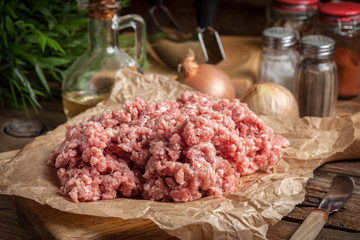 Minced meat on wooden background.