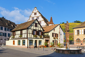 ANDLAU, ALSACE / FRANCE - OCTOBER 19, 2015: Central square of the small town in autumn. Andlau has...
