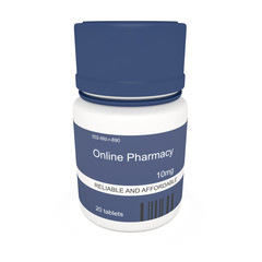 Healthcare Concept: Blue Pill Bottle Online Pharmacy Reliable And Affordable, 3d illustration on white background