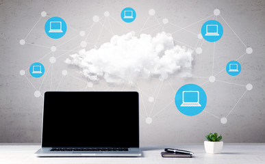 Business notebook on desk with computers