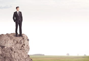 Happy salesman on cliff in the country