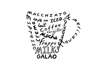 Coffee cup. Typographic design using the names of several types of coffee beverages, vector illustration.