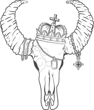 Buffalo Skull in a crown. Print. Outline. Vector illustration 