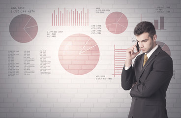Pie charts and numbers on wall with salesman