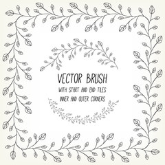 Vector brush with inner and outer corners, start and end tiles. Branch with leaves and bud. Perfect for round and rectangular frames, for separate decorative elements. Example using.