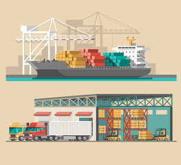 Delivery service concept. Container cargo ship loading, truck loader, warehouse. Flat style vector illustration. 