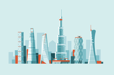 Modern urban landscape. Buildings and skyscrapers of different height. Flat vector illustration. 3d style.