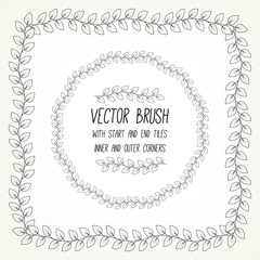 Vector brush with inner and outer corners, start and end tiles. Leaves on branch. Perfect for round and rectangular frames, for separate decorative elements. Example using.