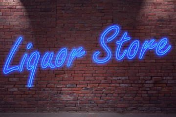 Obraz premium Leuchtreklame Liquor Store an Ziegelsteinmauer
