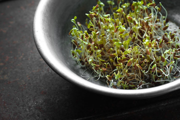 Green flax sprouts in metal bowl