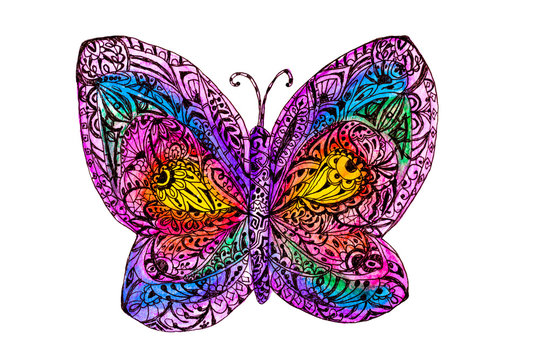 Hand drawn with watercolor abstract zen-tangle rainbow butterfly for your design. Use for cards, invitation, pattern fills, web pages elementsю  Isolated object on a white background. .