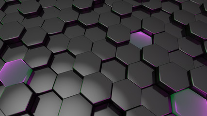 black hexagon with green and purple edge. 3d render.wallpaper.